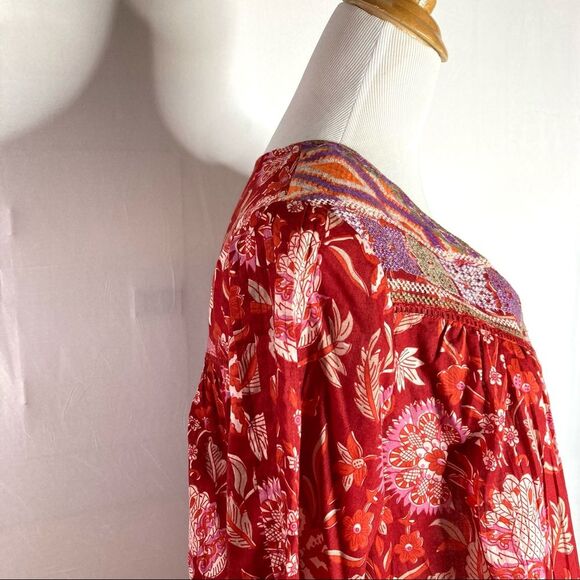 Rachel Zoe Red Bohemian Peasant Top Small Embroidered NWT Floral Oversized Boho - Picture 7 of 11